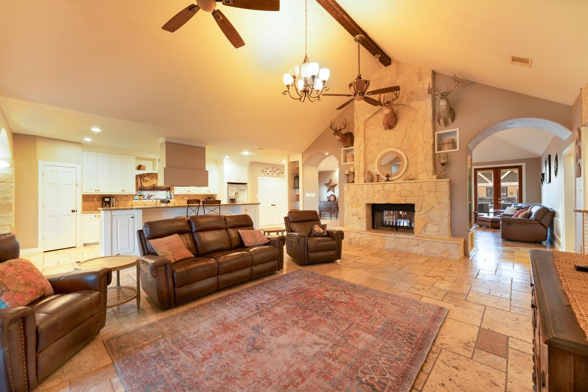 Chandelier, Fireplace, Interior, Kitchen, Living room, Pendant Lights, Recessed Lighting