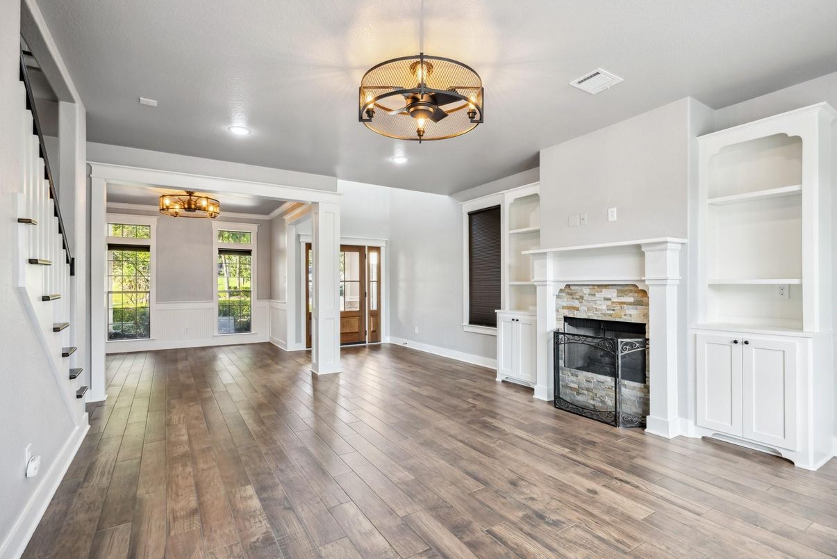 Empty room, Fireplace, Interior, Recessed Lighting, Wood Texture Flooring