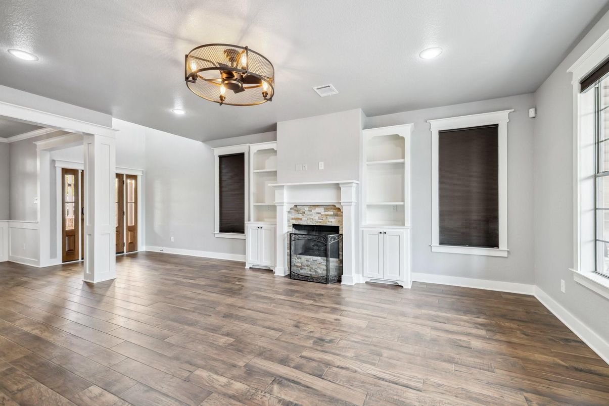 Empty room, Fireplace, Interior, Recessed Lighting, Wood Texture Flooring