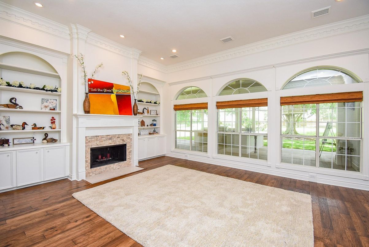Fireplace, Interior, Recessed Lighting, Wood Texture Flooring