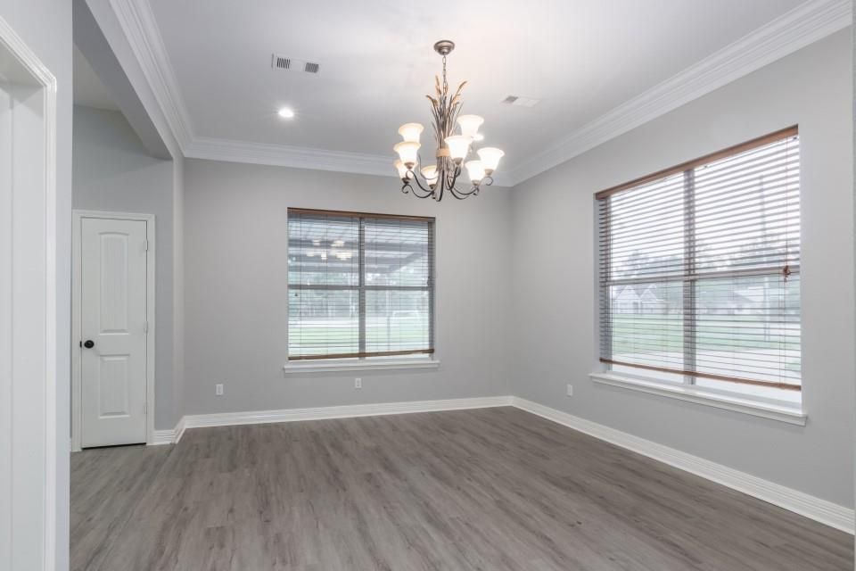 Chandelier, Empty room, Interior, Recessed Lighting, Wood Texture Flooring