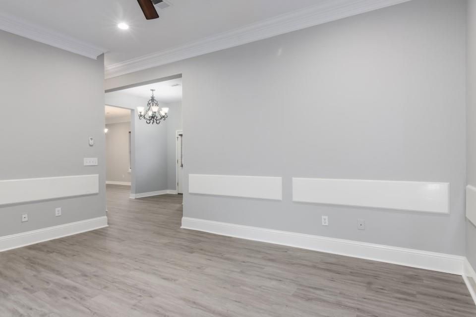 Chandelier, Empty room, Interior, Recessed Lighting, Wood Texture Flooring