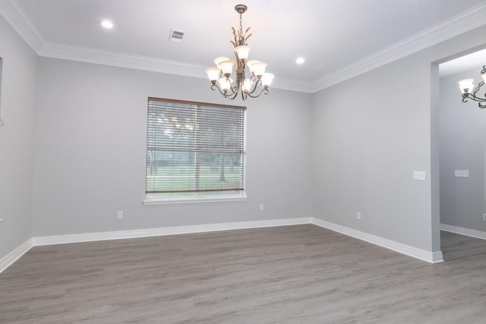 Chandelier, Empty room, Interior, Recessed Lighting, Wood Texture Flooring