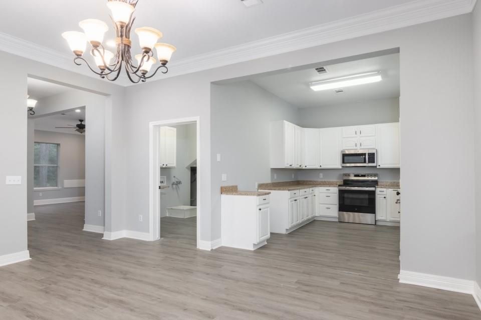 Chandelier, Empty room, Interior, Kitchen, Stainless Steel Appliances, Wood Texture Flooring