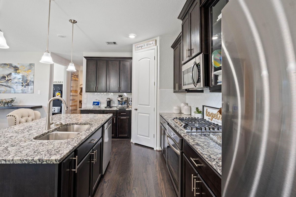 Interior, Kitchen, Pendant Lights, Recessed Lighting, Wood Texture Flooring