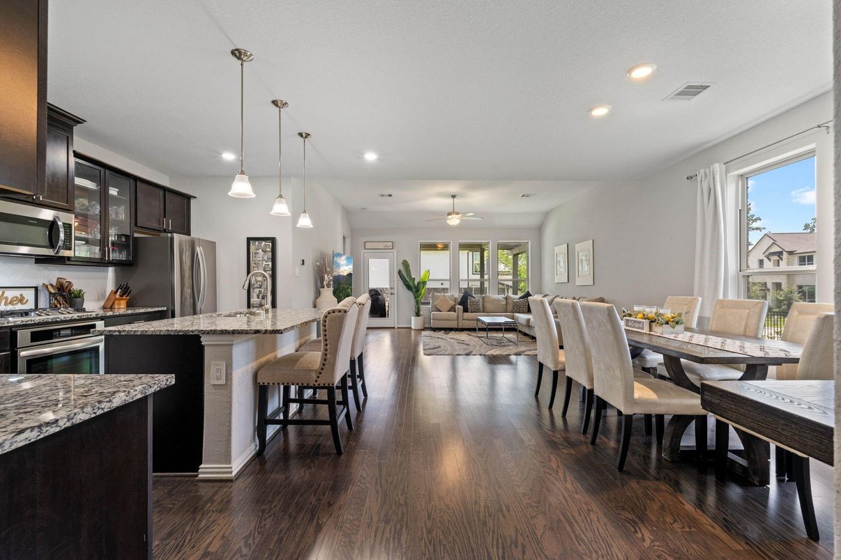 Dining room, Interior, Kitchen, Living room, Pendant Lights, Recessed Lighting, Stainless Steel Appliances, Wood Texture Flooring