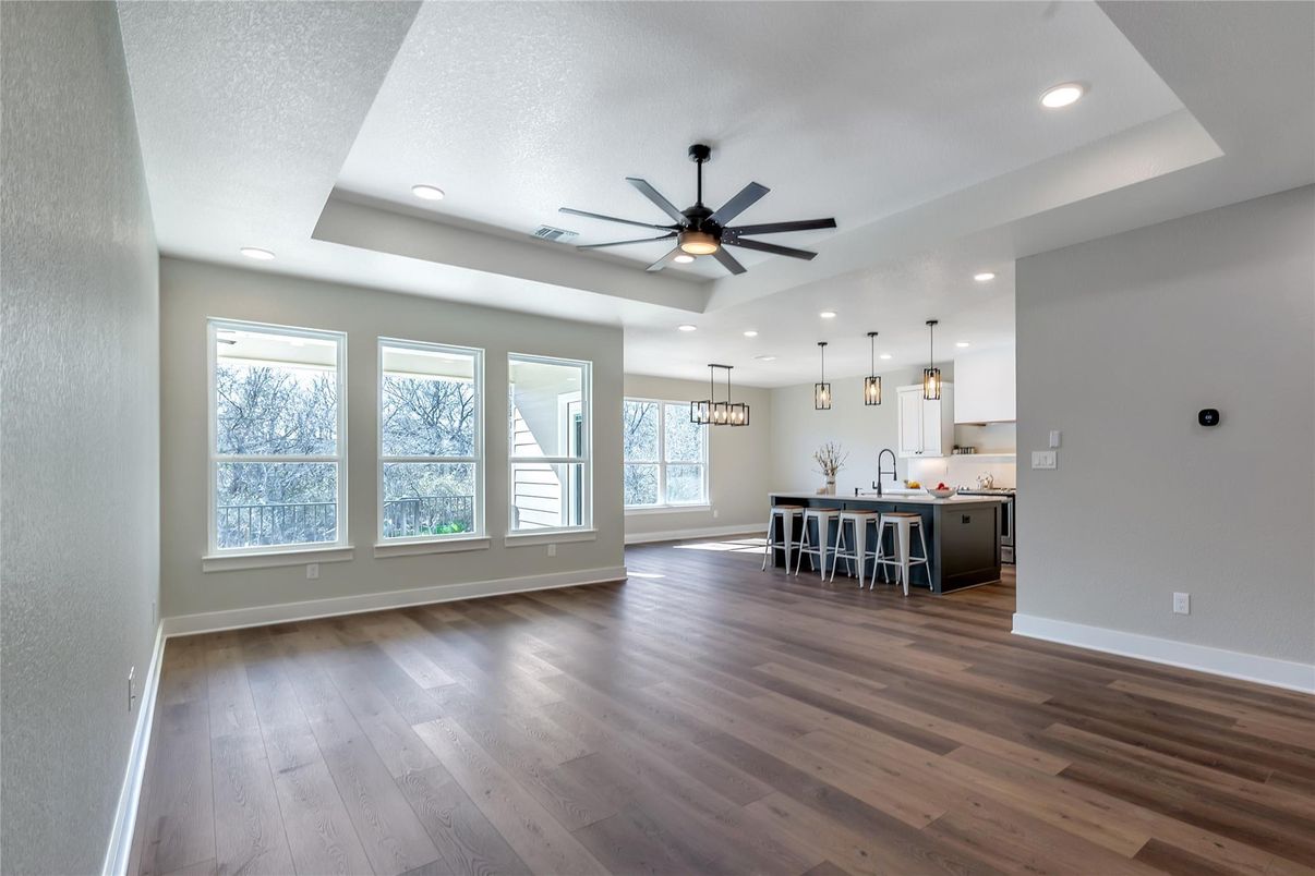 Interior, Kitchen, Pendant Lights, Recessed Lighting, Wood Texture Flooring