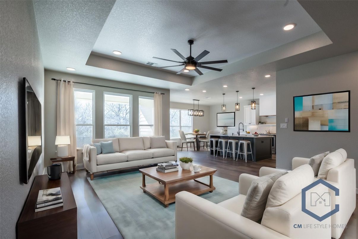 Dining room, Interior, Kitchen, Living room, Pendant Lights, Recessed Lighting, Wood Texture Flooring