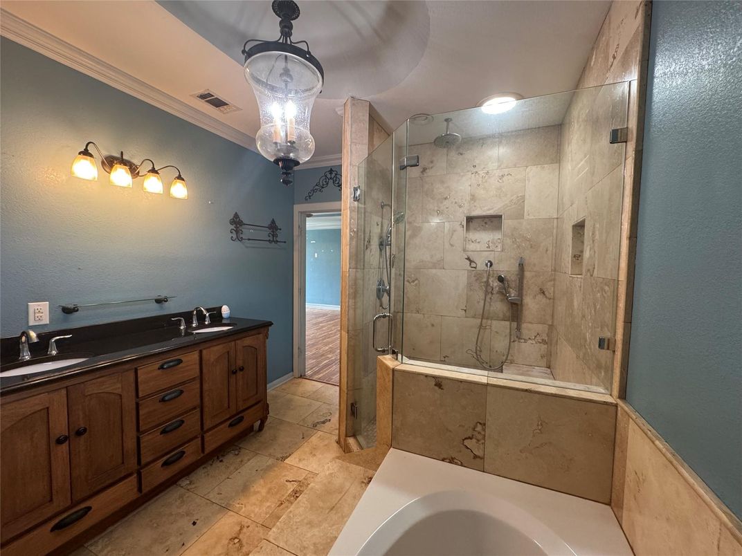 Bathroom, Dual Sink Vanities, Glass Shower, Interior, Marble Walls