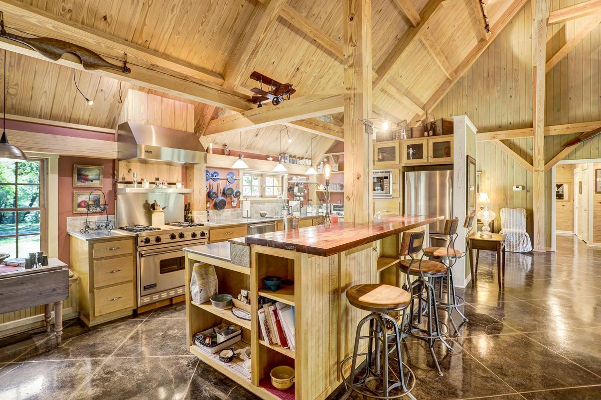 Interior, Kitchen, Pendant Lights, Stainless Steel Appliances, Wooden Beams, Wooden Ceilings