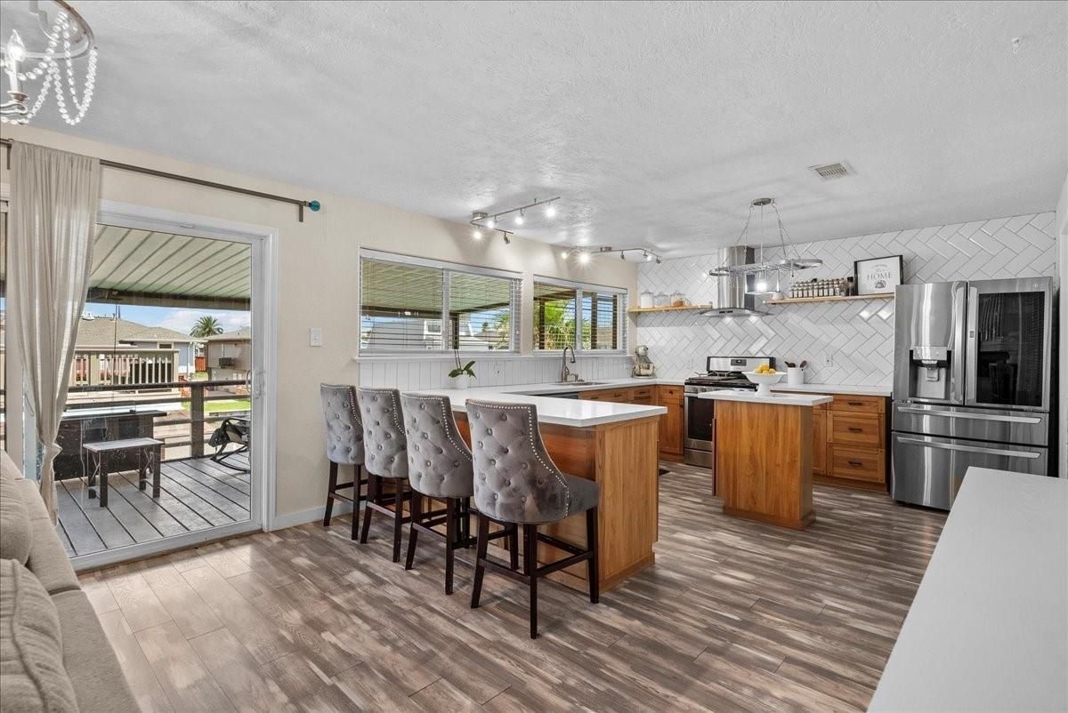 Interior, Kitchen, Pendant Lights, Stainless Steel Appliances, Wood Texture Flooring