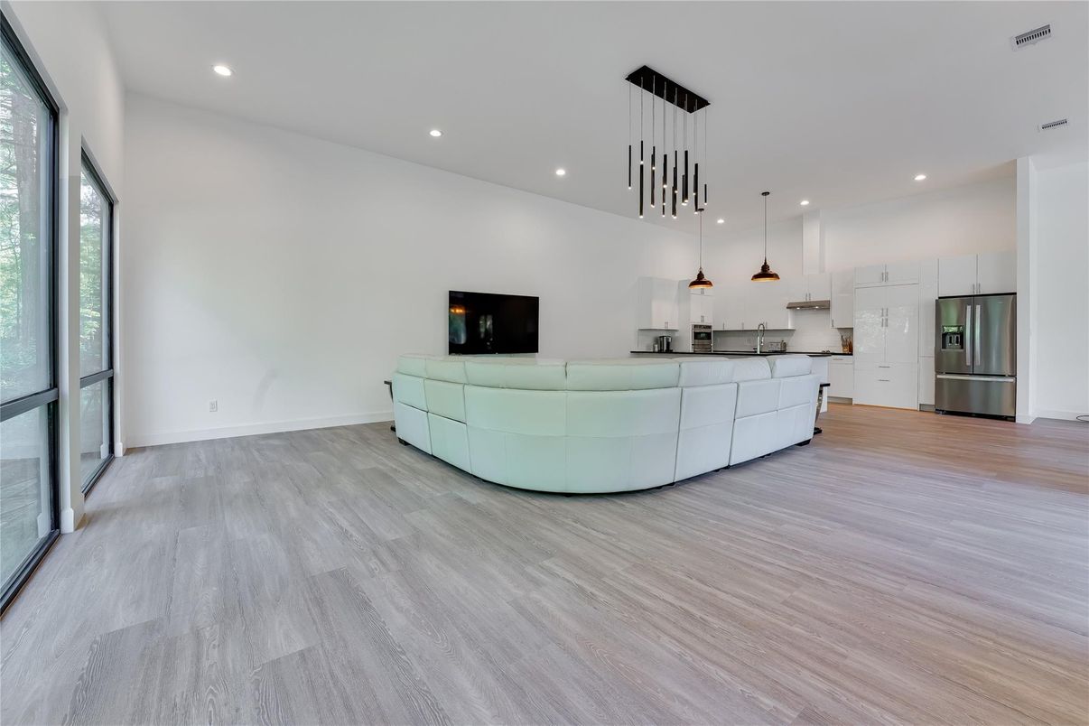 Interior, Kitchen, Pendant Lights, Recessed Lighting, Stainless Steel Appliances, Wood Texture Flooring