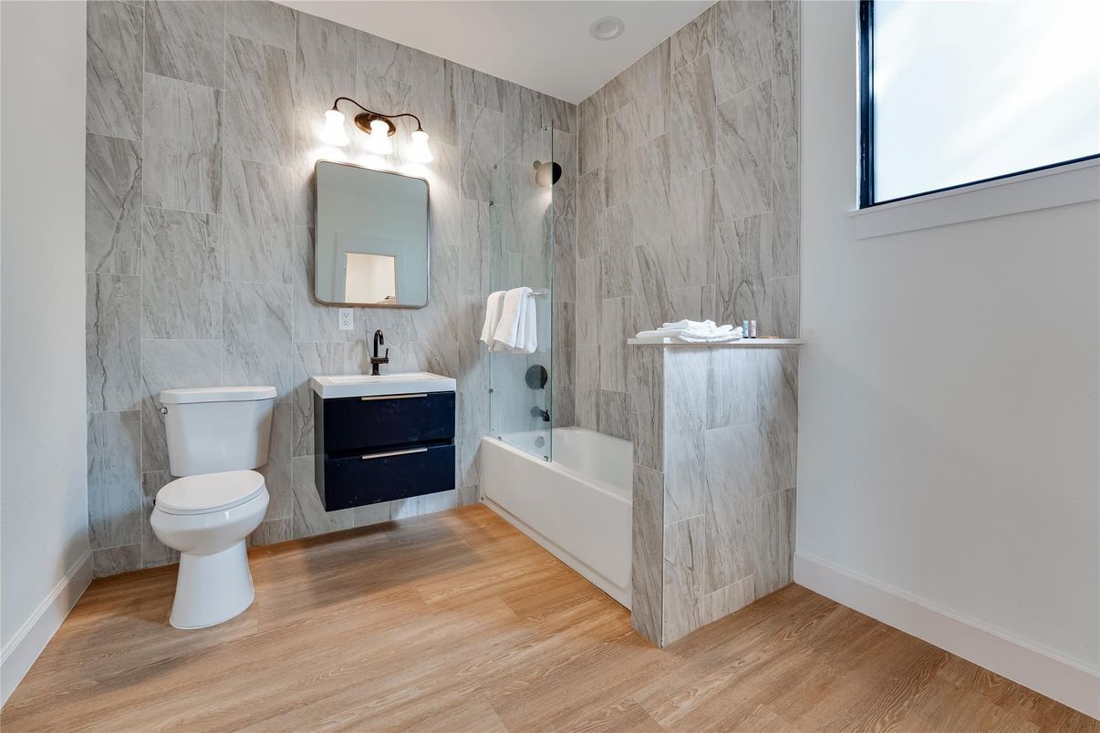 Bathroom, Interior, Marble Walls, Wood Texture Flooring