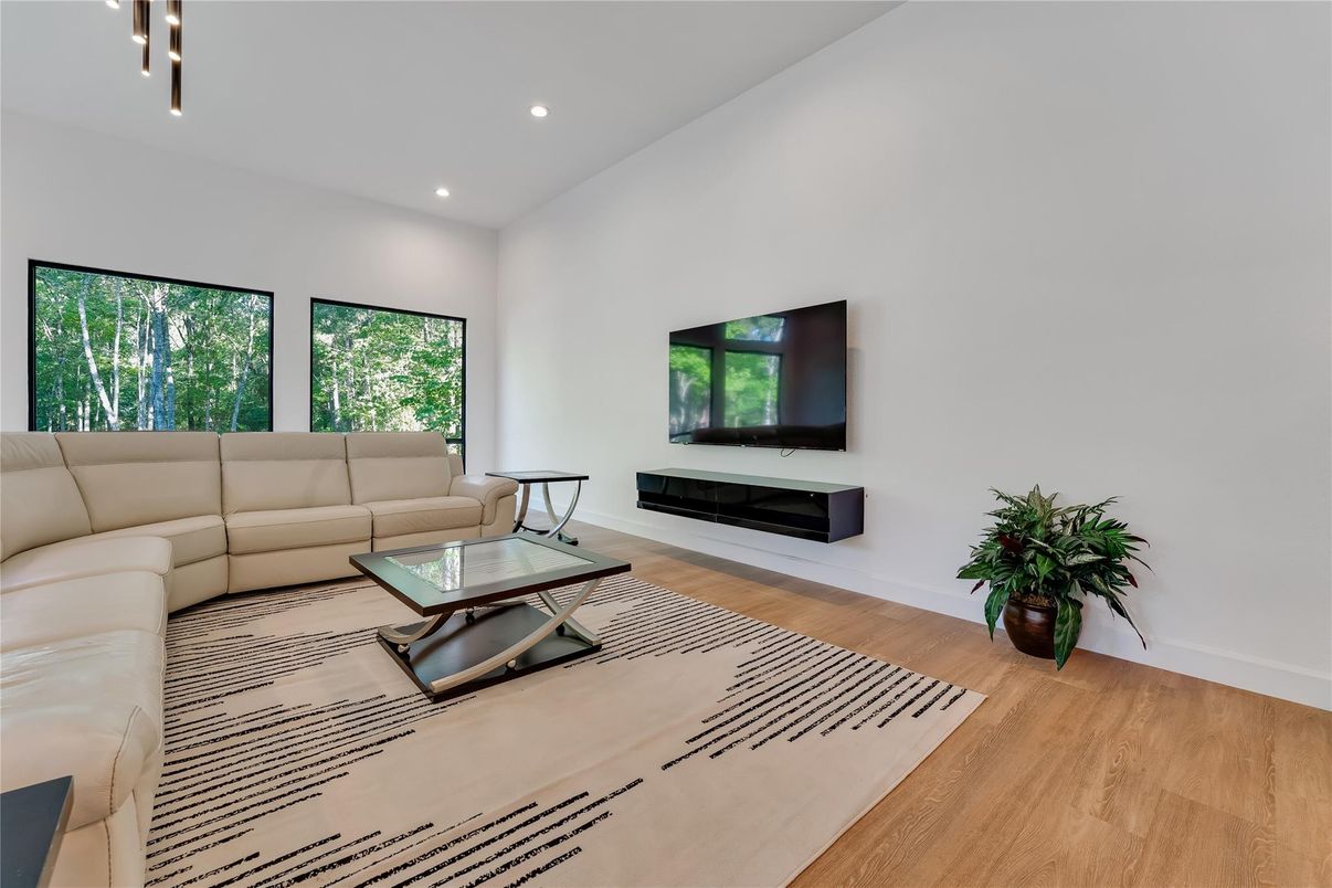 Fireplace, Interior, Living room, Recessed Lighting, Wood Texture Flooring