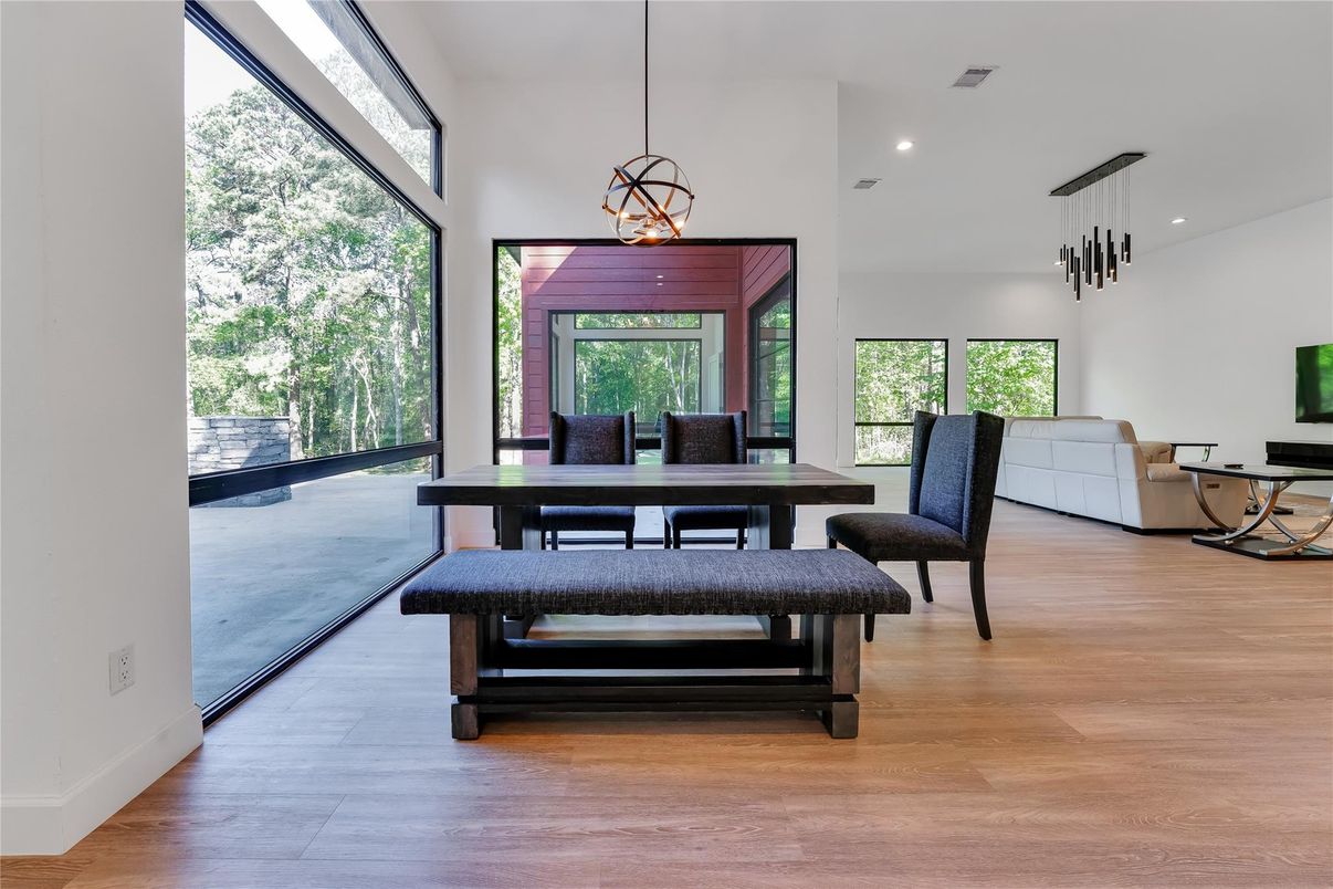 Dining room, Interior, Pendant Lights, Recessed Lighting, Wood Texture Flooring