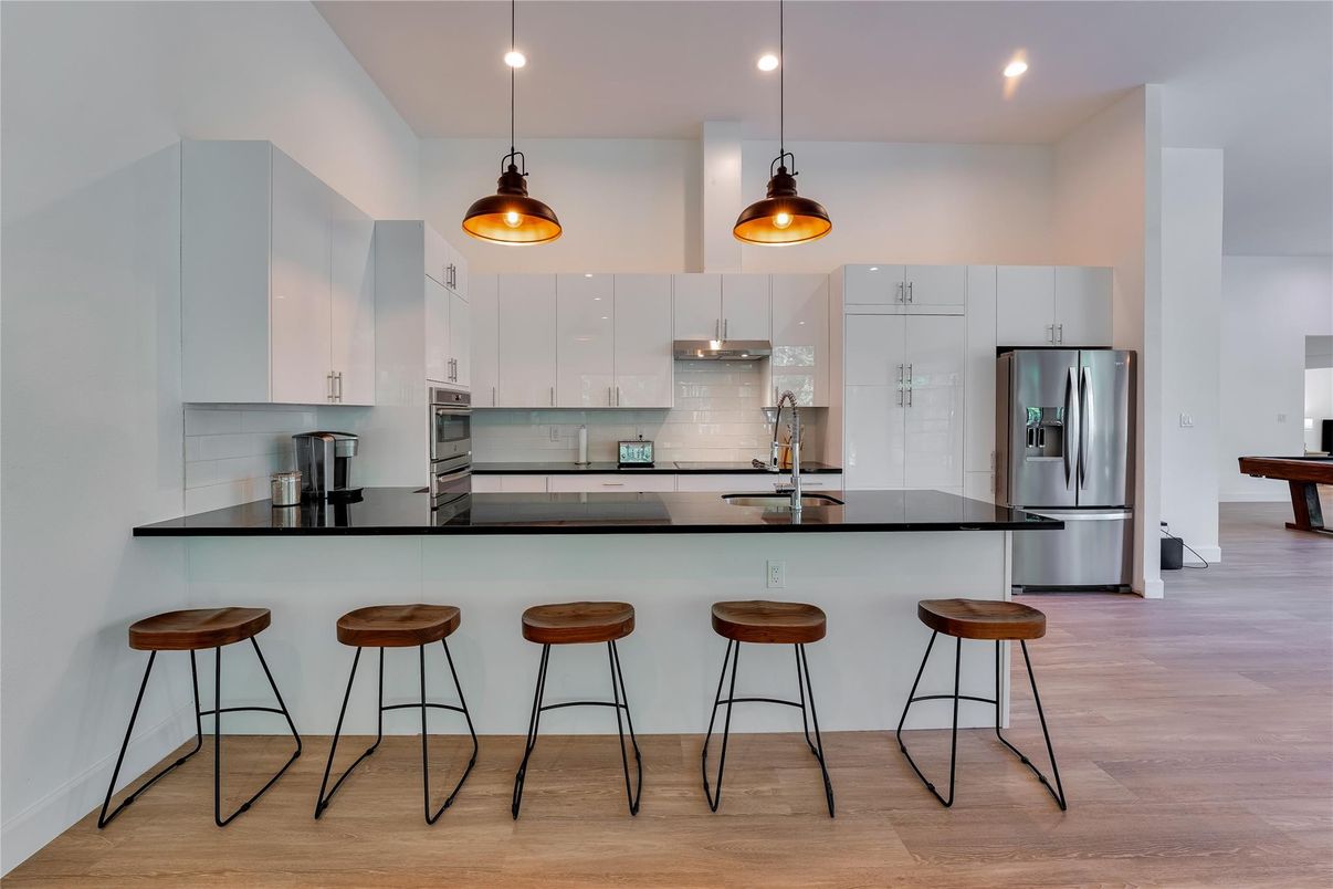 Interior, Kitchen, Pendant Lights, Recessed Lighting, Stainless Steel Appliances, Wood Texture Flooring