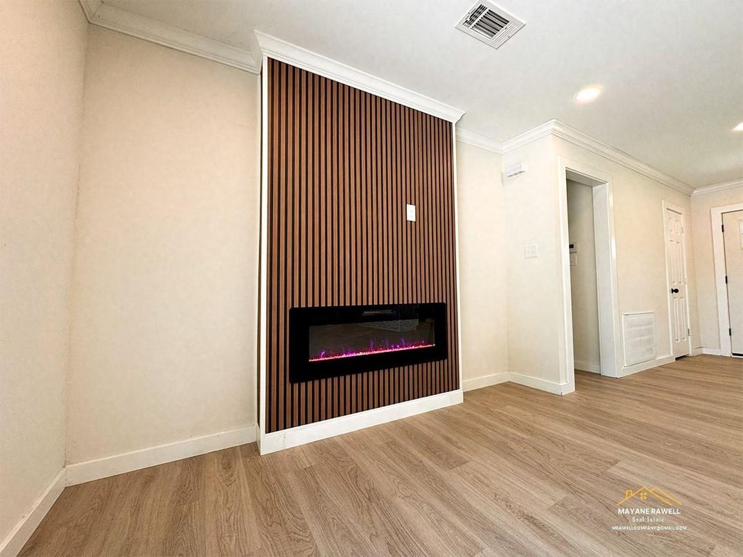 Empty room, Fireplace, Interior, Recessed Lighting, Wood Texture Flooring