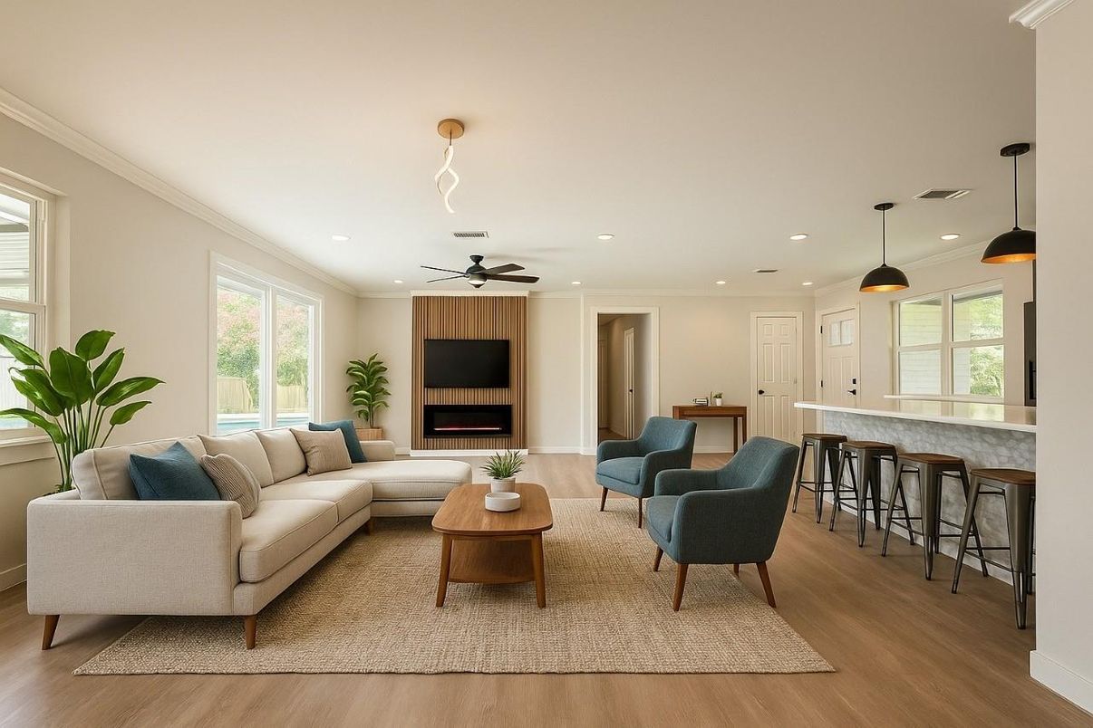Interior, Living room, Pendant Lights, Recessed Lighting, Wood Texture Flooring