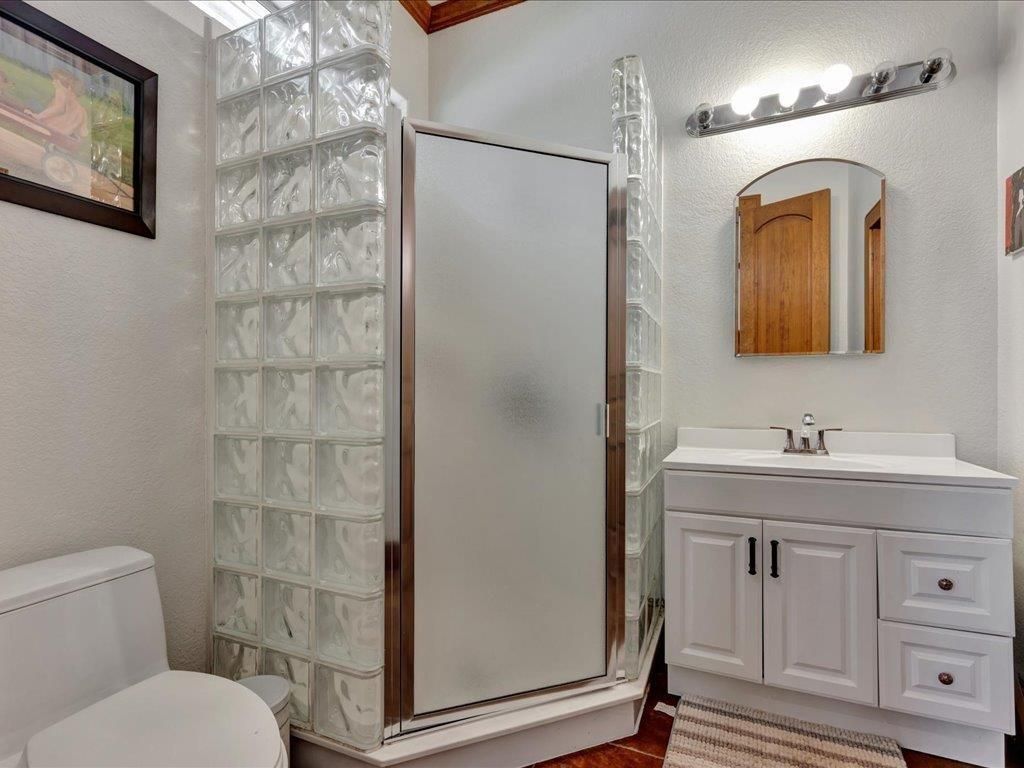 Bathroom, Glass Shower, Interior, Wood Texture Flooring