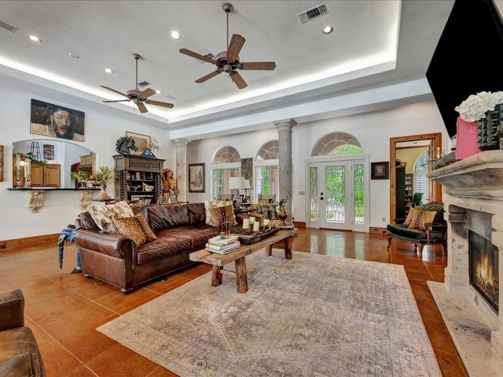 Fireplace, Interior, Living room, Recessed Lighting, Wood Texture Flooring