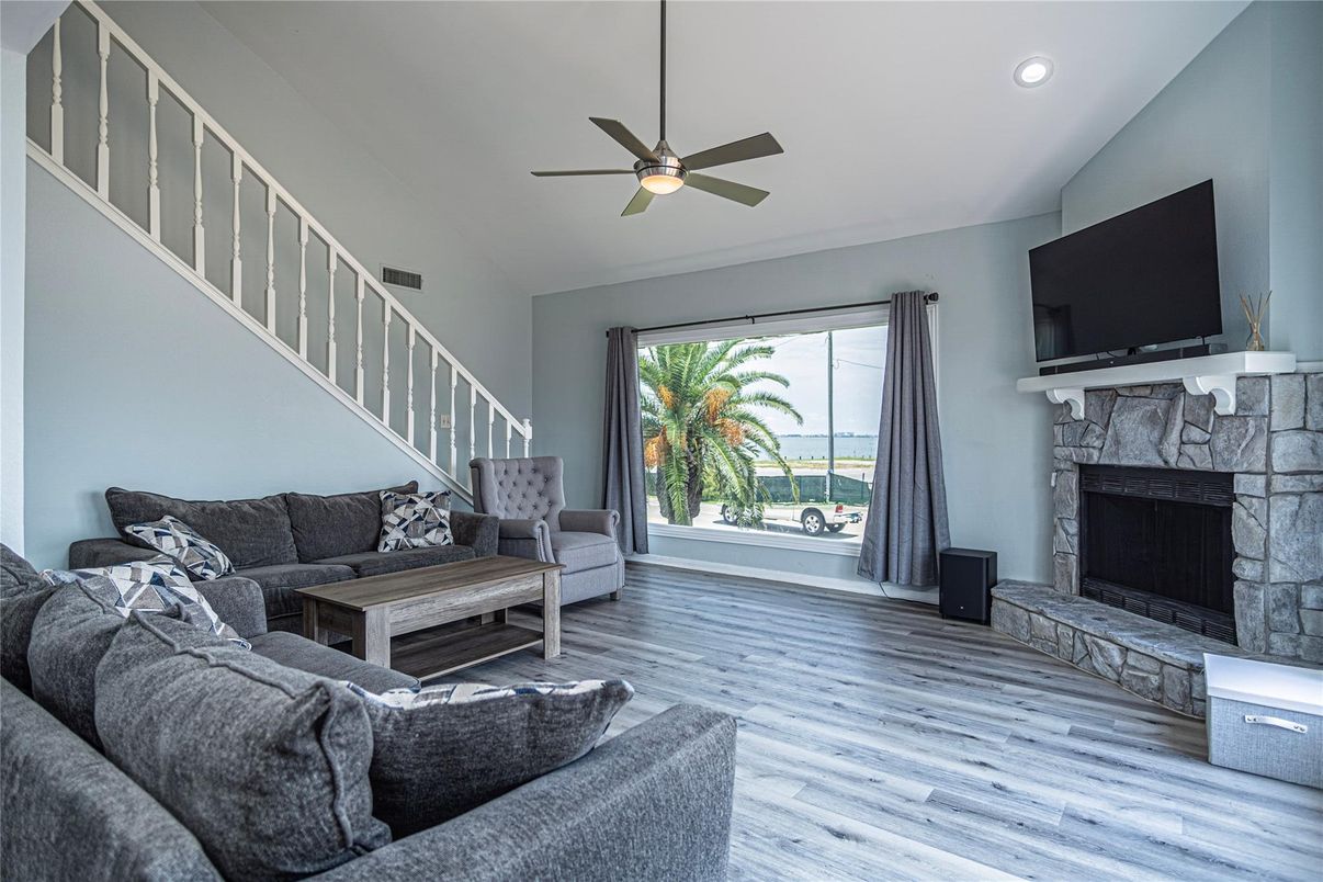 Fireplace, Interior, Living room, Recessed Lighting, Wood Texture Flooring