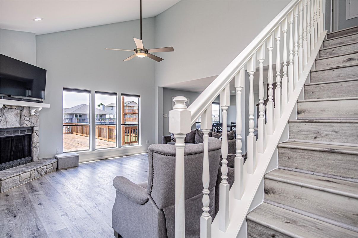 Fireplace, Interior, Recessed Lighting, Wood Texture Flooring