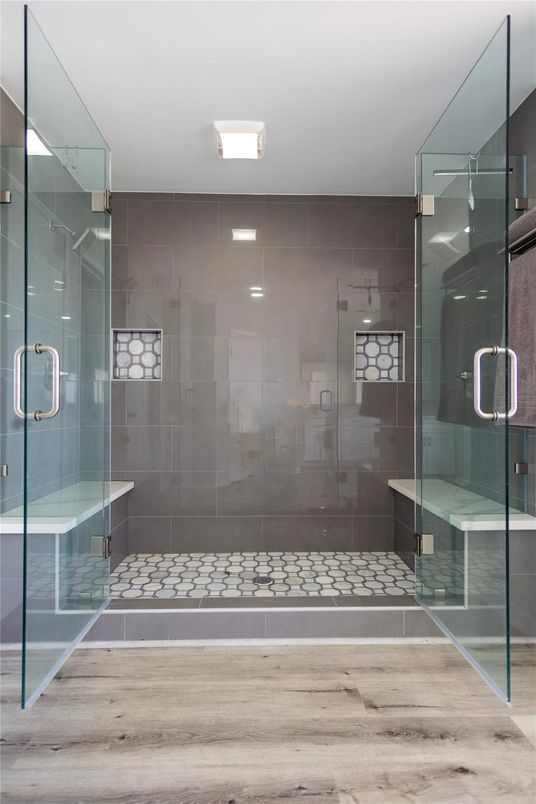 Bathroom, Glass Shower, Interior, Wood Texture Flooring
