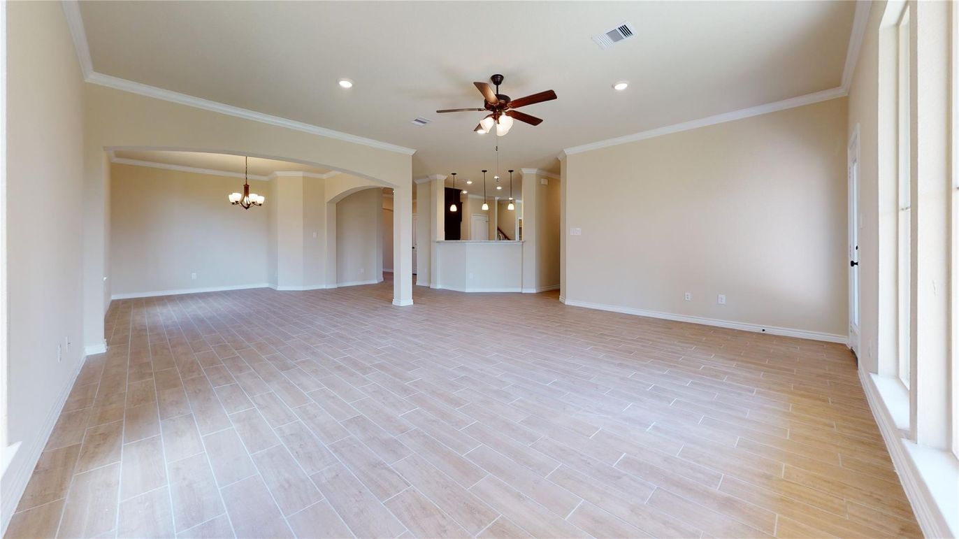 Chandelier, Empty room, Interior, Pendant Lights, Recessed Lighting, Wood Texture Flooring
