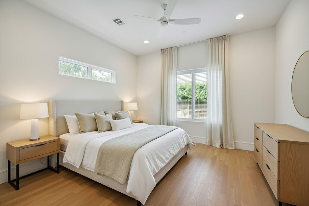 Bedroom, Interior, Recessed Lighting, Wood Texture Flooring