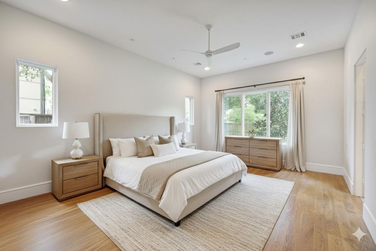 Bedroom, Interior, Recessed Lighting, Wood Texture Flooring