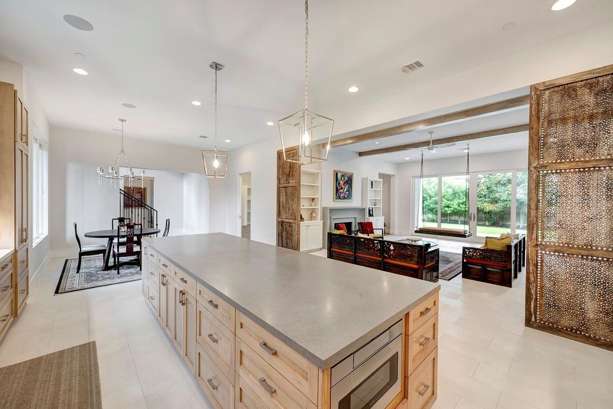 Dining room, Fireplace, Interior, Kitchen, Living room, Pendant Lights, Recessed Lighting