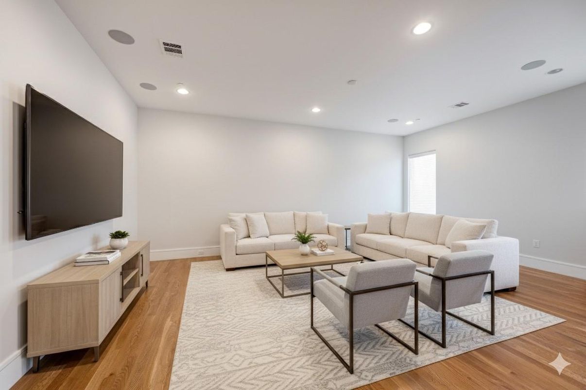 Interior, Living room, Recessed Lighting, Wood Texture Flooring