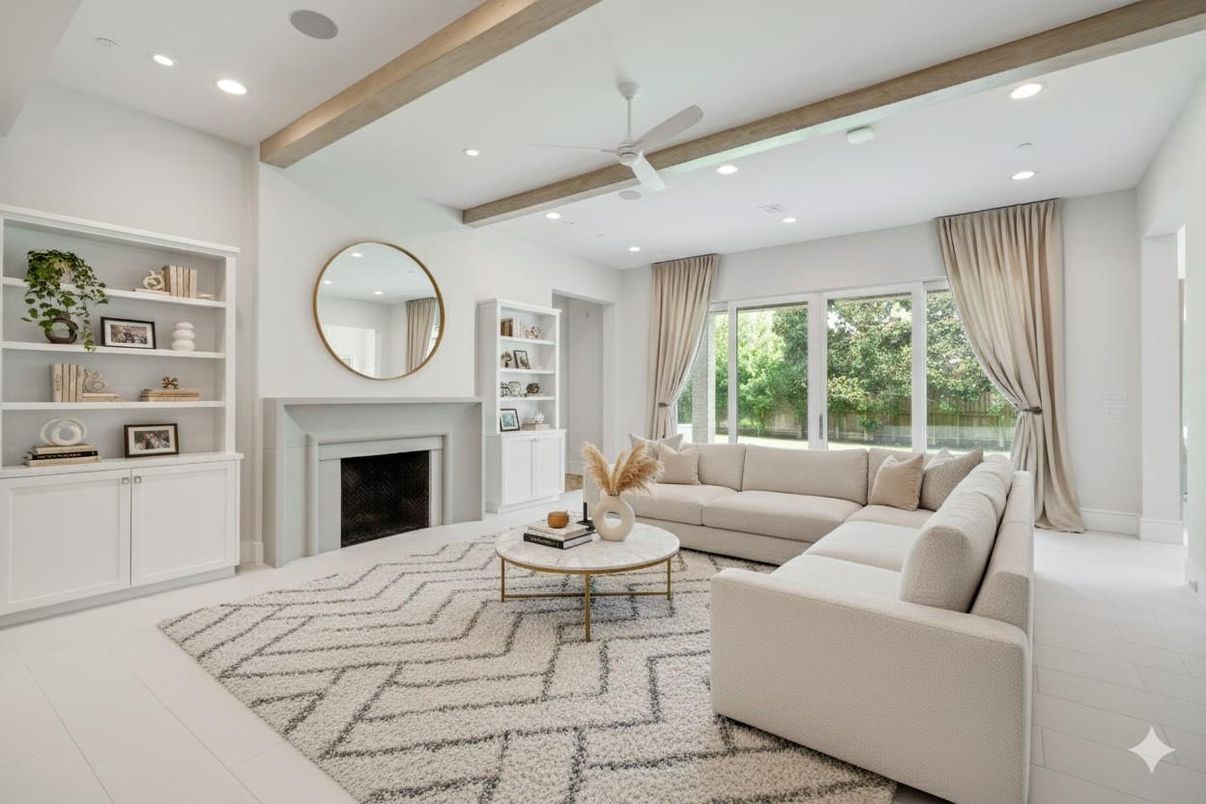 Fireplace, Interior, Living room, Recessed Lighting, Wooden Beams