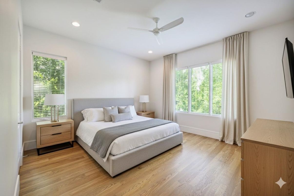 Bedroom, Interior, Recessed Lighting, Wood Texture Flooring