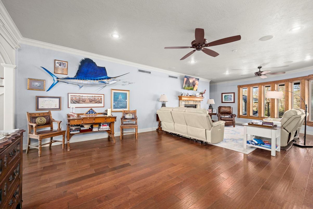 Fireplace, Interior, Living room, Recessed Lighting, Wood Texture Flooring