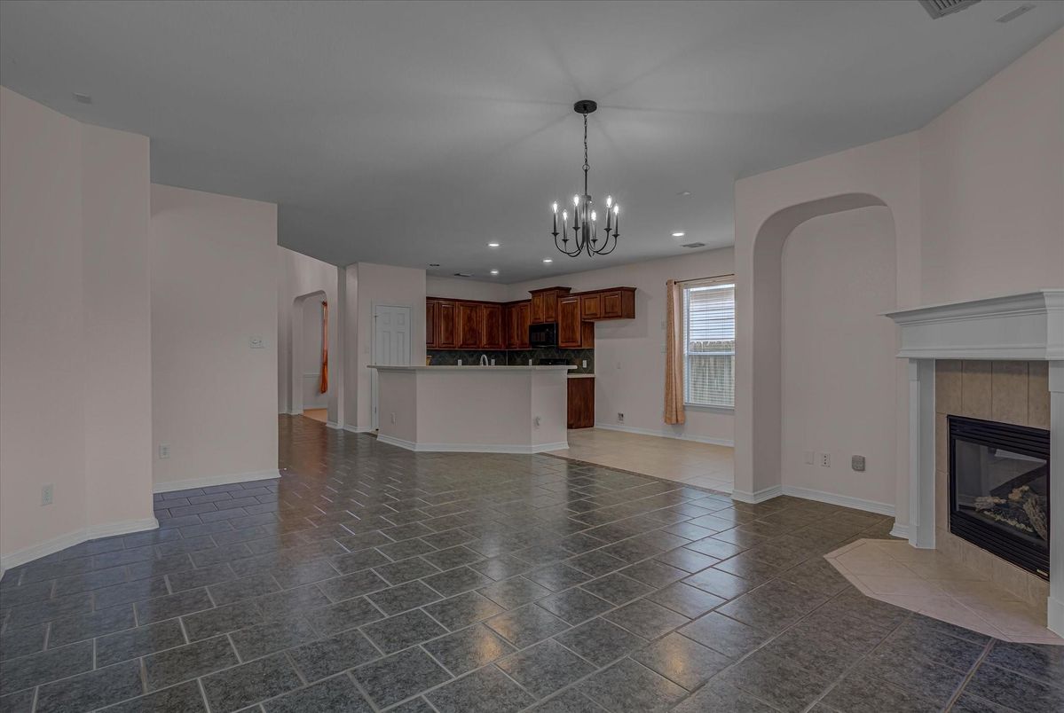 Chandelier, Empty room, Fireplace, Interior, Kitchen, Pendant Lights, Recessed Lighting
