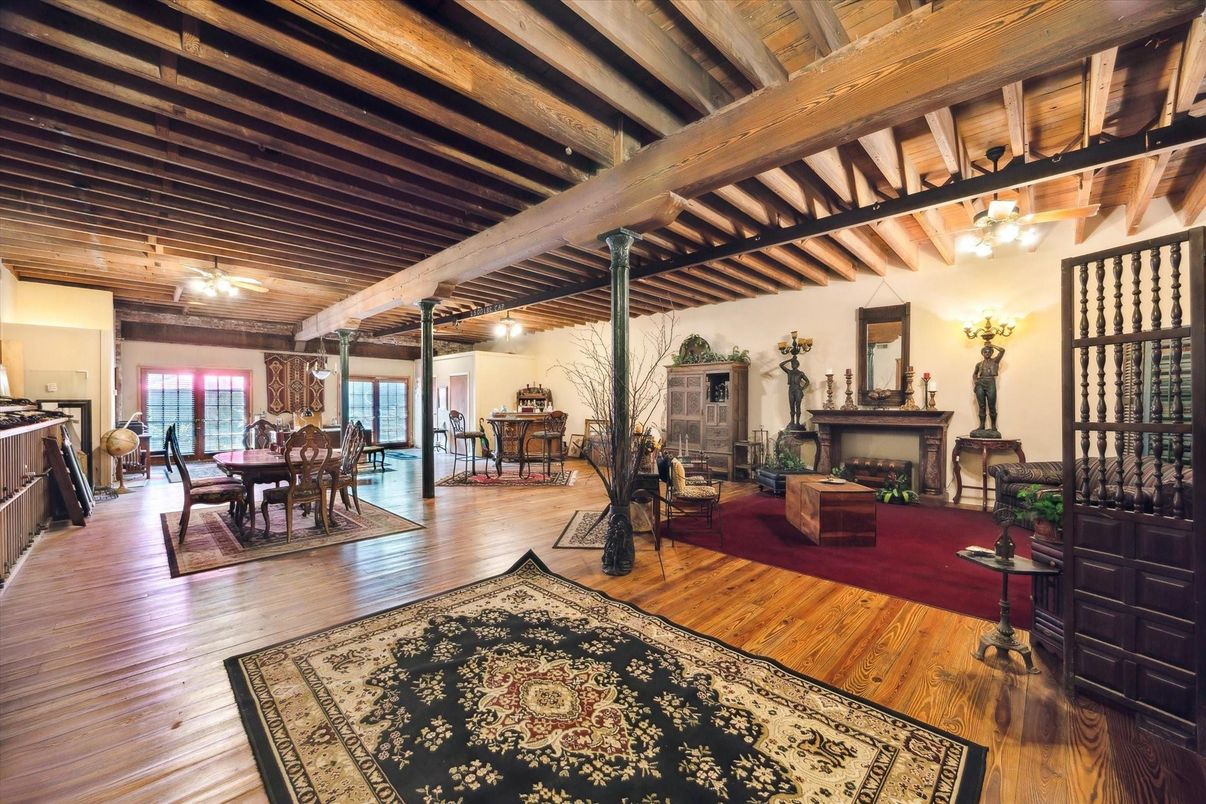 Dining room, Fireplace, Interior, Wooden Beams, Wooden Ceilings, Wood Texture Flooring