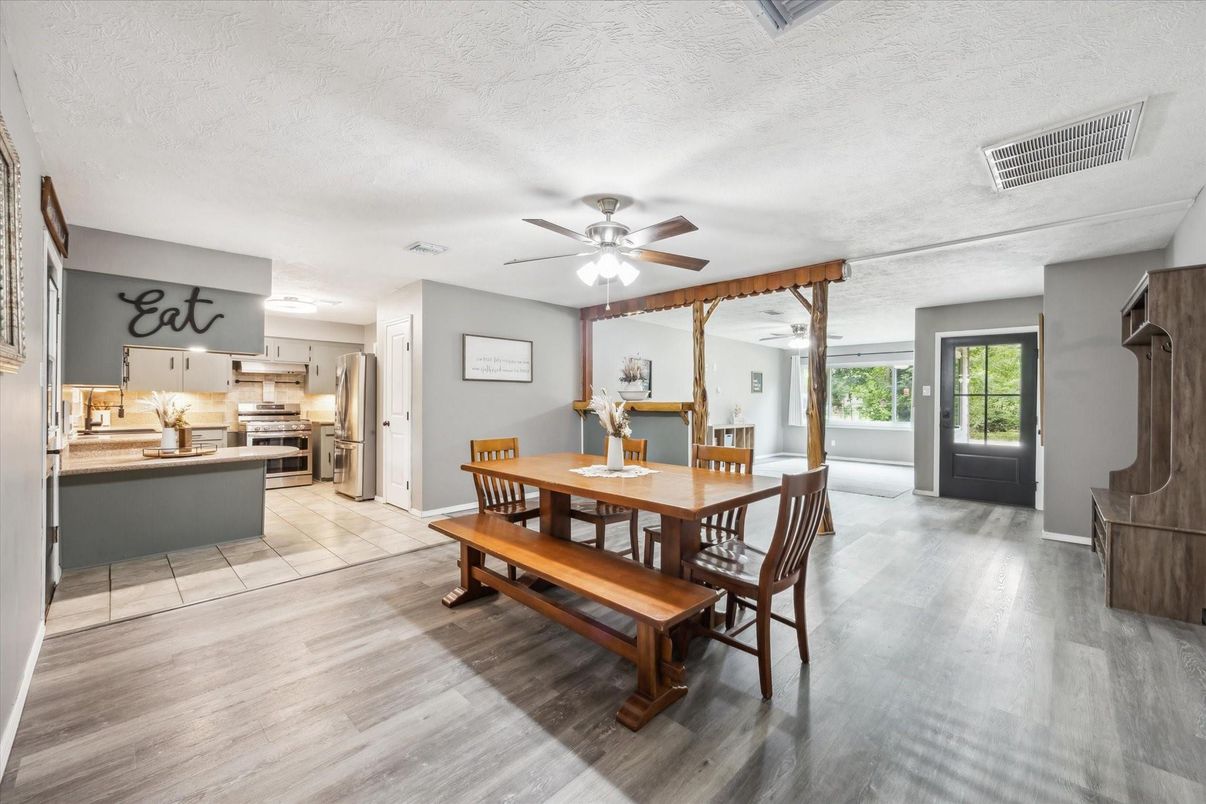 Dining room, Interior, Kitchen, Stainless Steel Appliances, Wood Texture Flooring