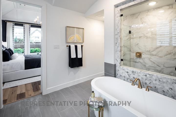 Bathroom, Bedroom, Glass Shower, Interior, Marble Walls, Recessed Lighting, Wood Texture Flooring