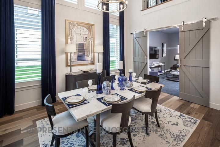 Dining room, Interior, Pendant Lights, Wood Texture Flooring