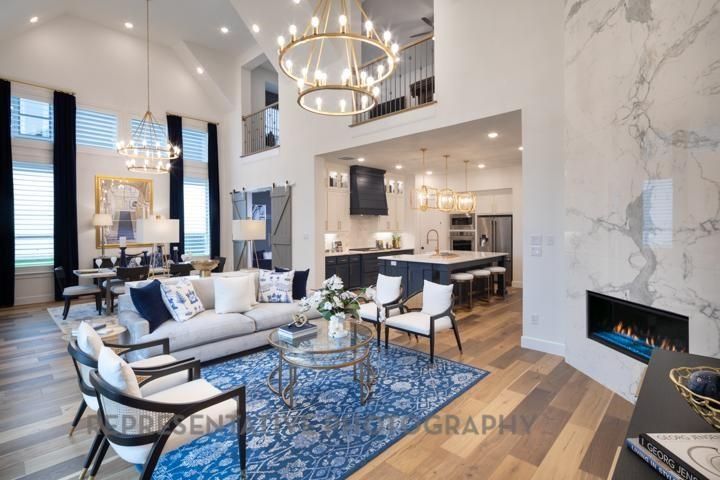 Chandelier, Dining room, Fireplace, Interior, Kitchen, Living room, Pendant Lights, Recessed Lighting, Wood Texture Flooring