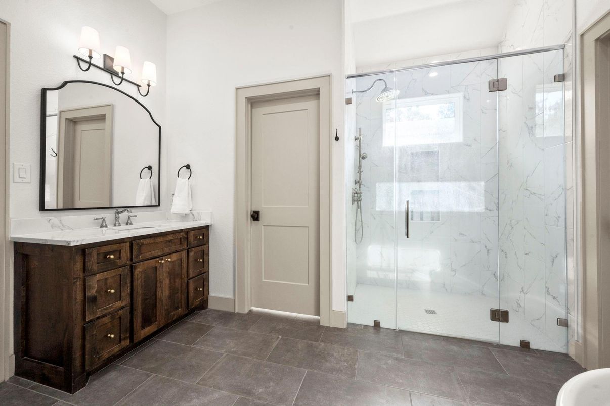Bathroom, Dual Sink Vanities, Glass Shower, Interior, Marble Walls