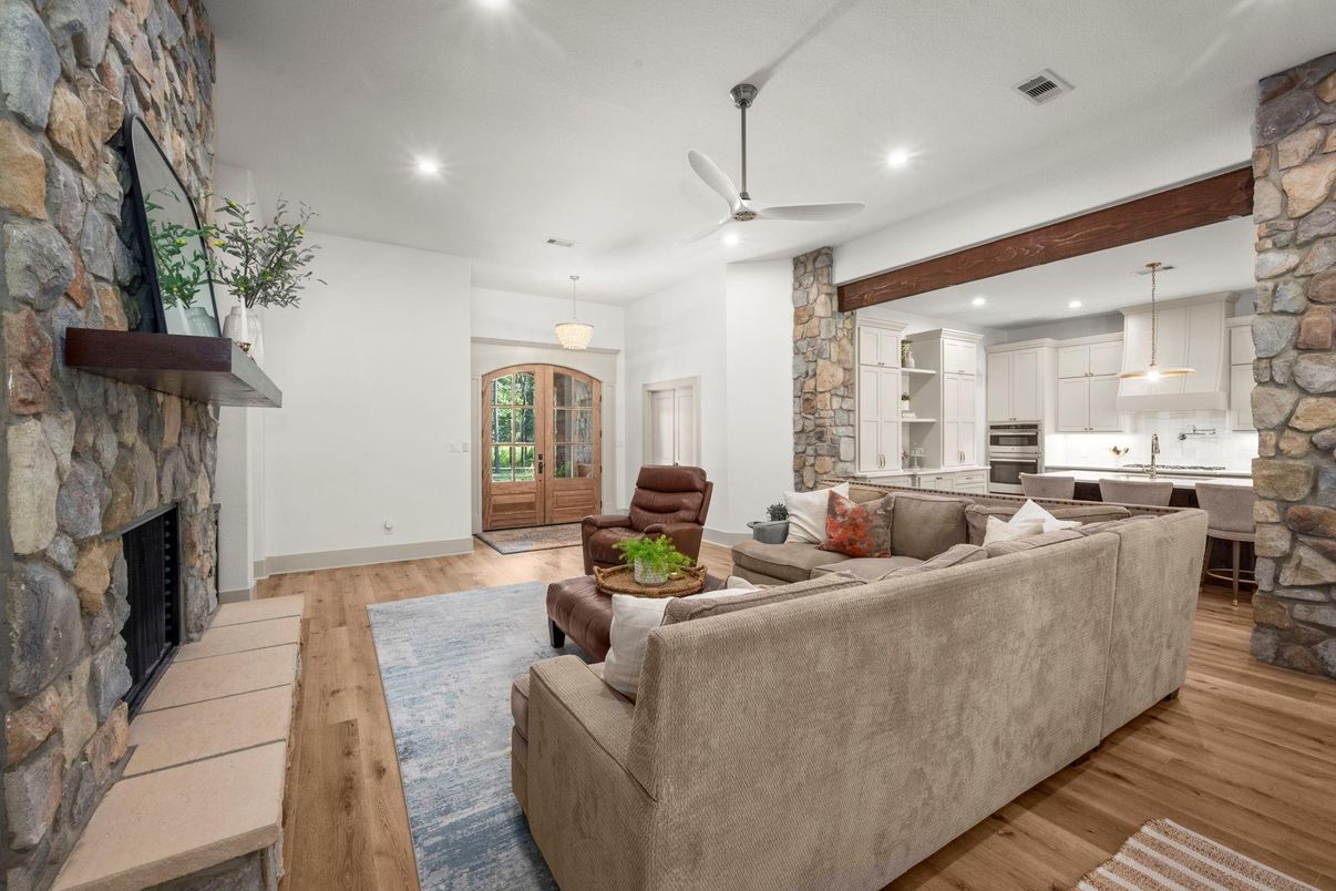 Fireplace, Interior, Kitchen, Living room, Pendant Lights, Recessed Lighting, Stone Walls, Wood Texture Flooring