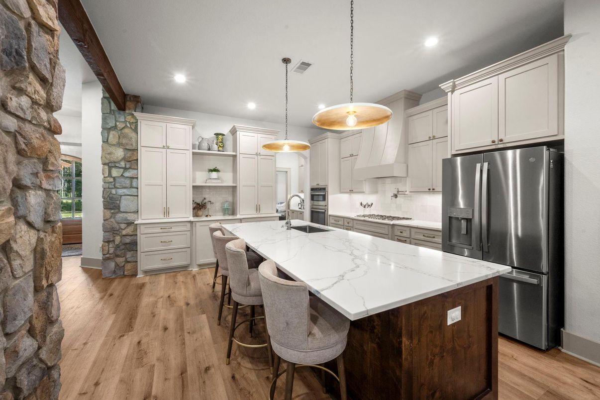 Interior, Kitchen, Pendant Lights, Recessed Lighting, Stainless Steel Appliances, Stone Walls, Wood Texture Flooring