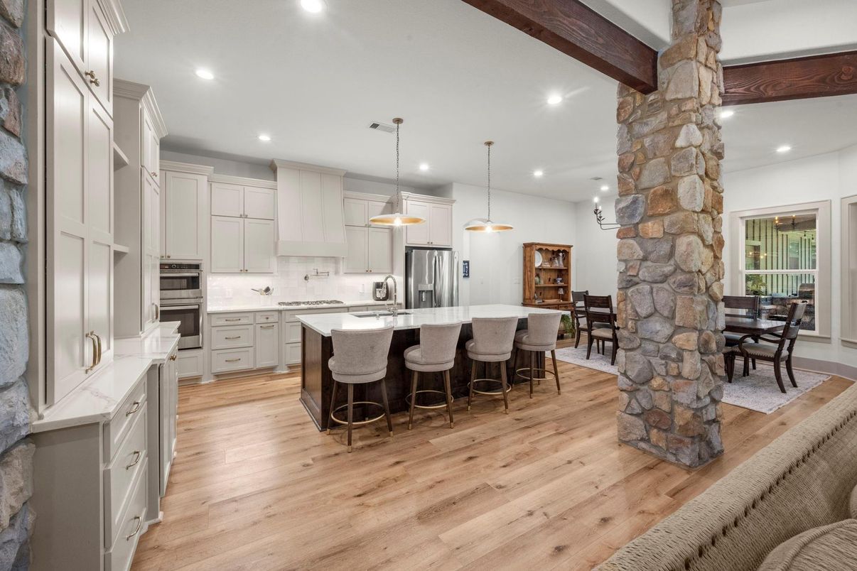 Dining room, Interior, Kitchen, Pendant Lights, Recessed Lighting, Stainless Steel Appliances, Wooden Beams, Wood Texture Flooring
