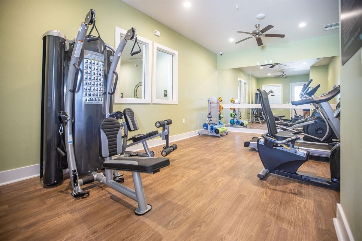 Fitness Equipment, Gym, Interior, Recessed Lighting, Wood Texture Flooring