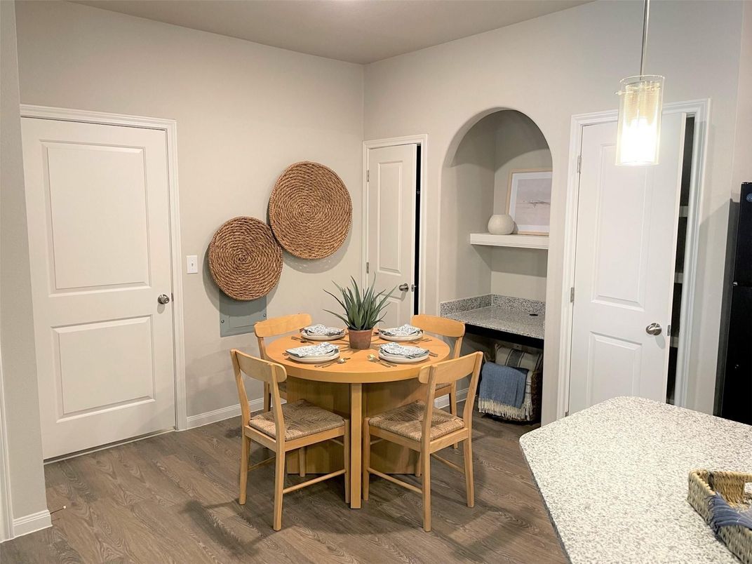 Dining room, Interior, Pendant Lights, Wood Texture Flooring