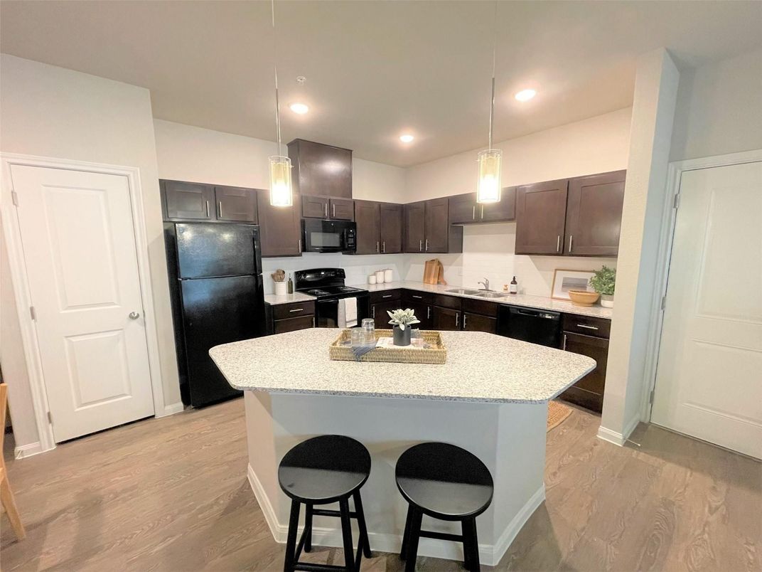 Interior, Kitchen, Pendant Lights, Recessed Lighting, Wood Texture Flooring