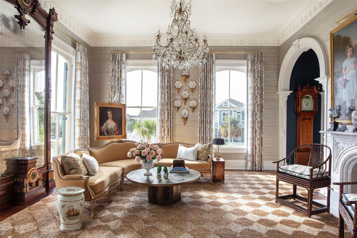 Chandelier, Fireplace, Interior, Living room