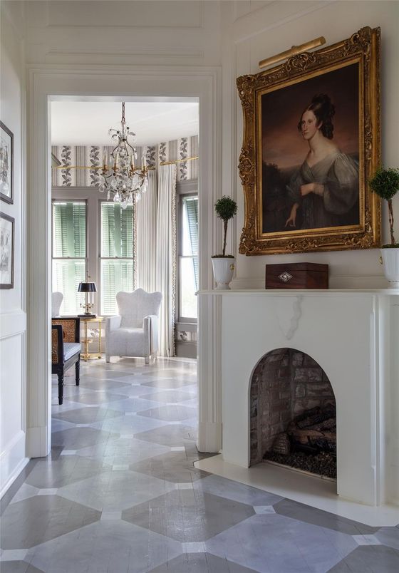 Chandelier, Fireplace, Interior